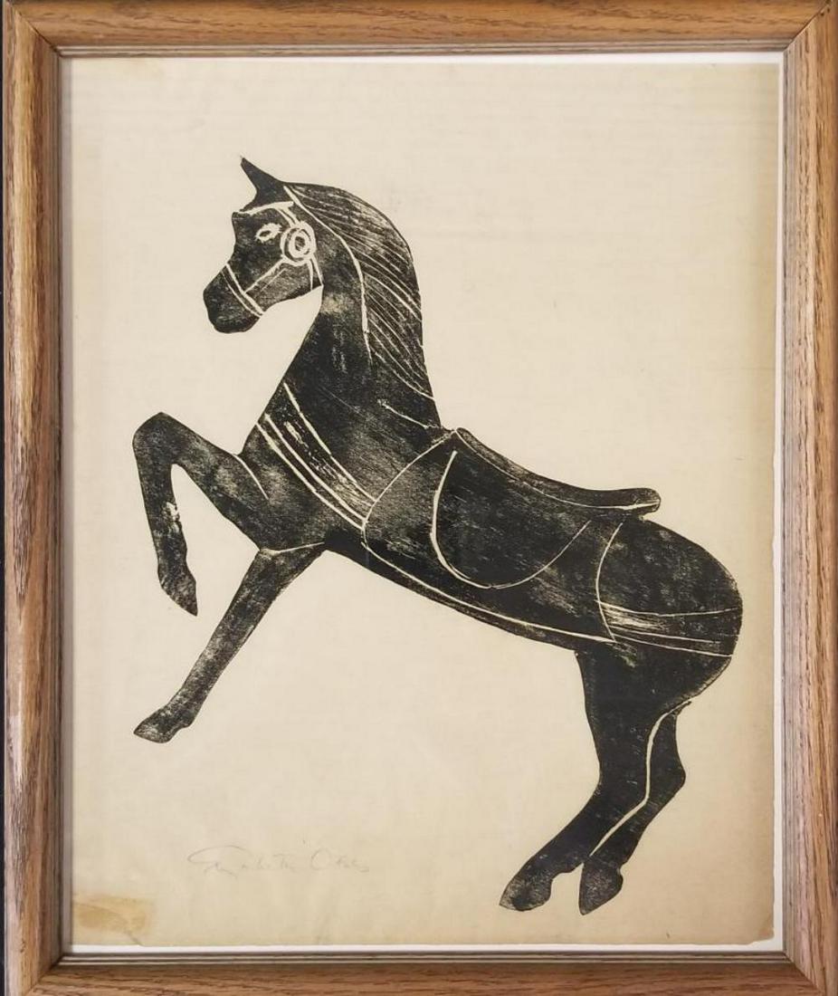 Elizabeth Olds Signed Woodblock Print: Pencil signed along the bottom. Depicts a horse. Sight seen approx. 10-1/4" x 13".