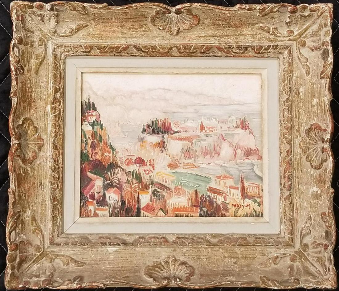 Albert Marquet (1875 - 1947). Attributed Oil: 7 3/4" x 9 1/2". signed lower right. This is being attributed to based on the signature being a bit different than those we found. Wonderfully well done Landscape in Mediterranean Style. Label on vers