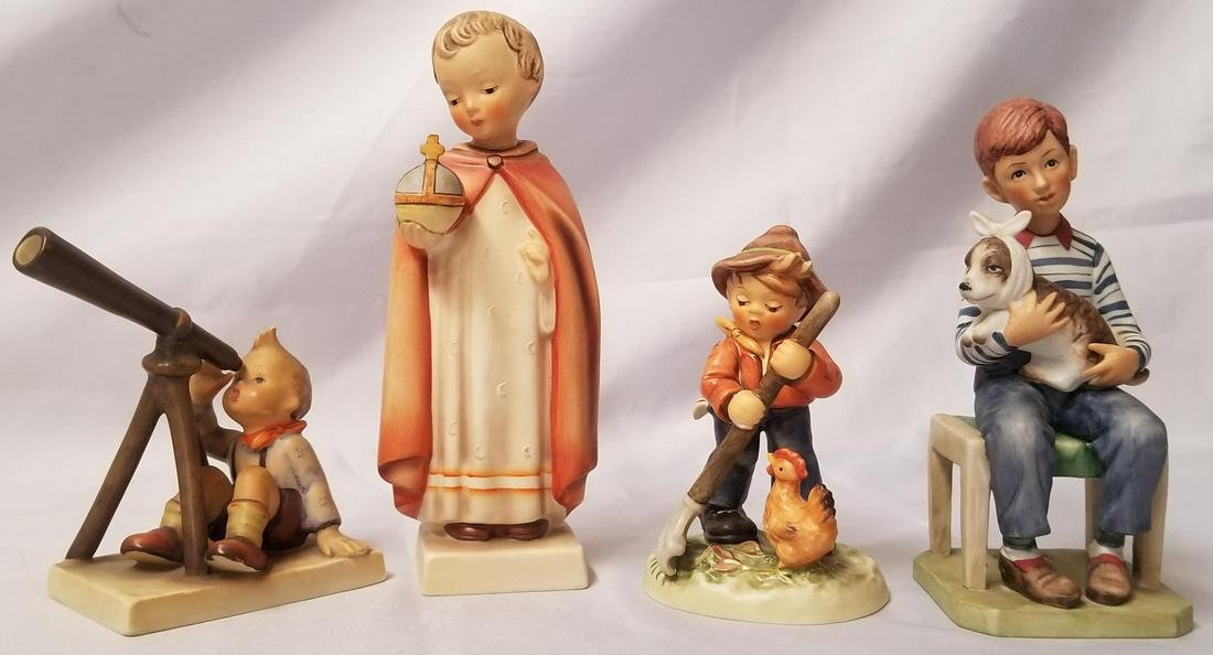 Mixed Porcelain Figurine Lot, Hummels, Rockwell: 4 pcs. Includes Hummel #70 The Holy Child, Hummel #132 The Star Gazer, Hummel #2085 Little Farm Hand, and Norman Rockwell figurine "At the Vets". Various sizes. Largest approx. 7-1/2" tall. See images
