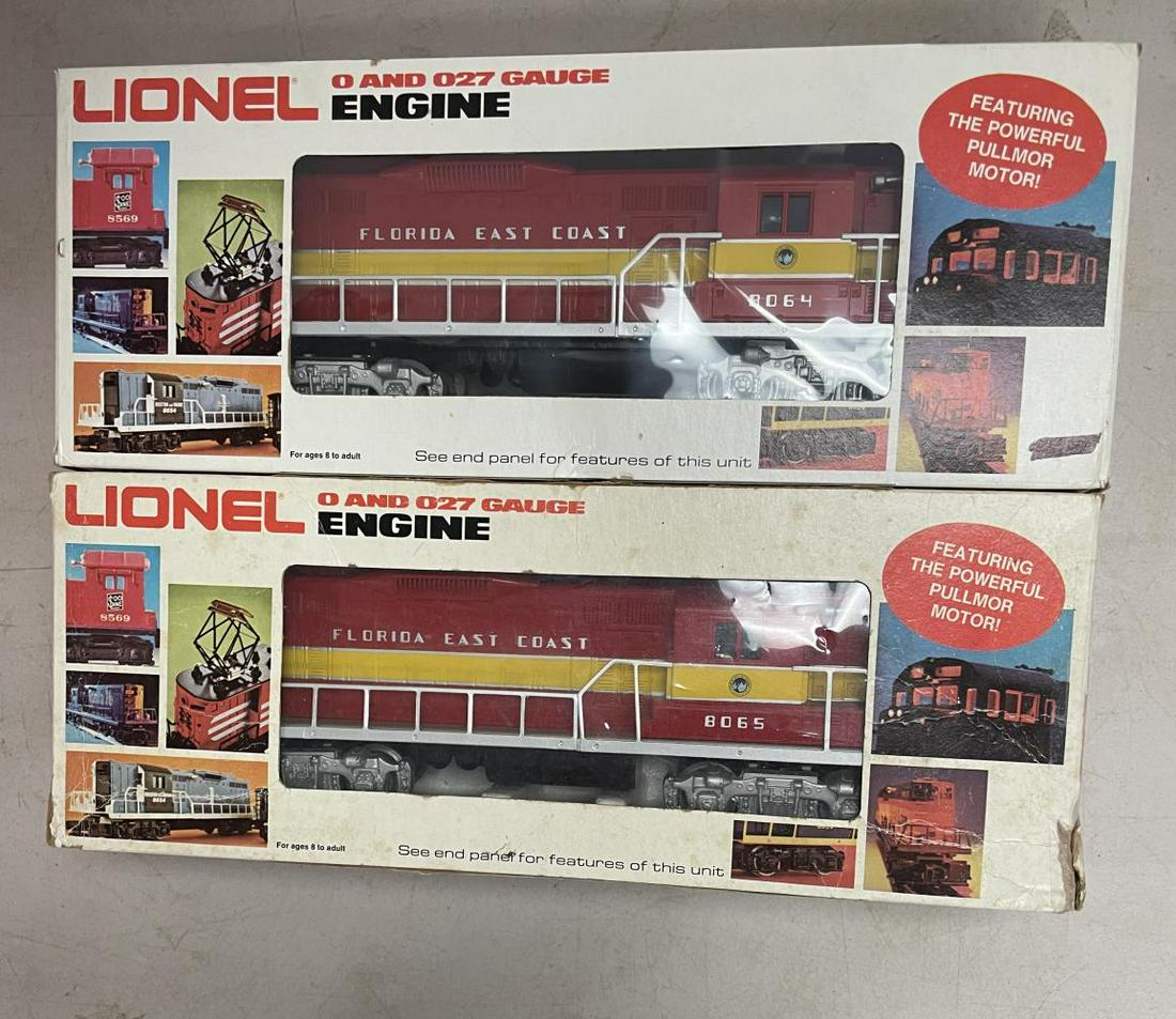 Lionel MPC 8064, 8065 FEC GP9 AA Diesels: Nice clean examples, showing very light use with boxes, 1 taped.