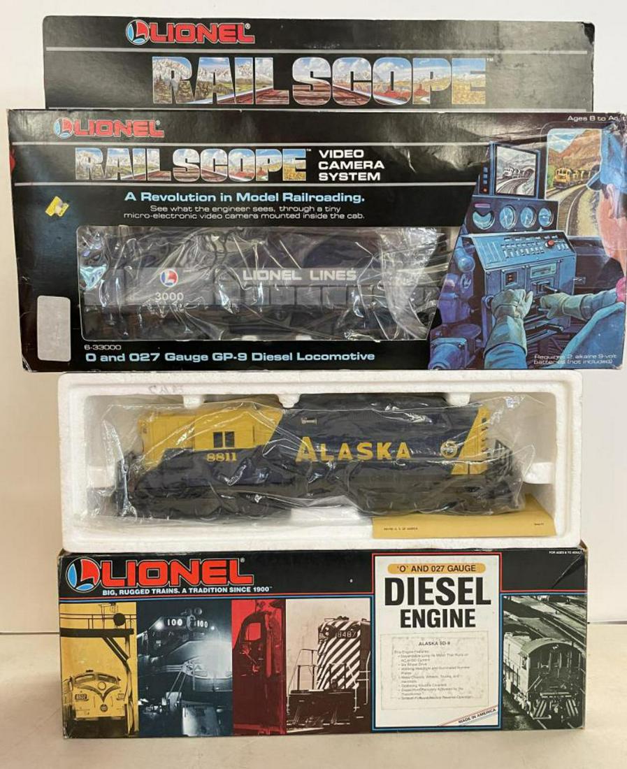 Lionel 33000 and 18811 Diesels: Includes a 33000 LocoScope Diesel; 18811 Alaska SD9 with lights and Horn. They show light use with shop worn boxes.