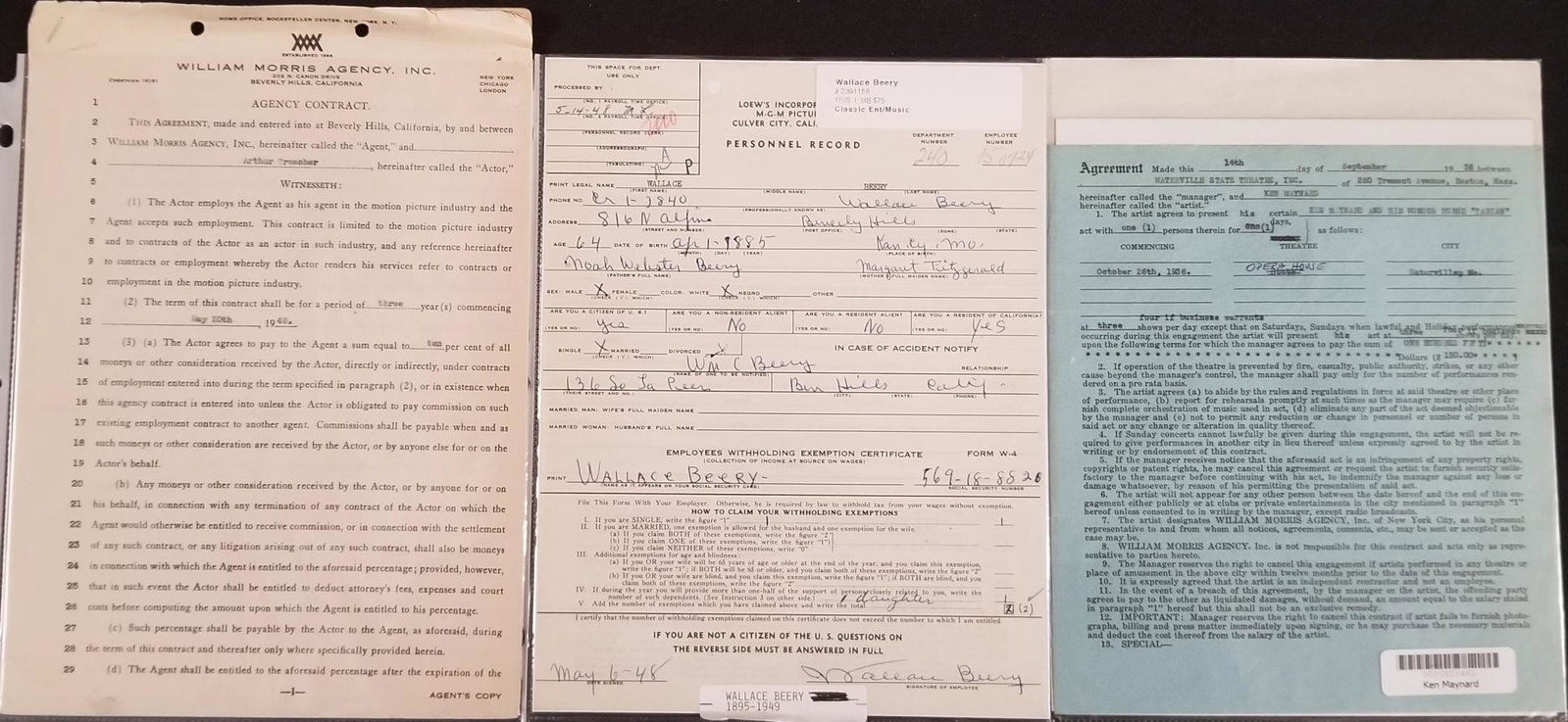 Three Signed Contract (Maynard, Wallace, Treacher): Includes Contracts signed by Ken Maynard, Wallace Beery and Arthur Treacher.