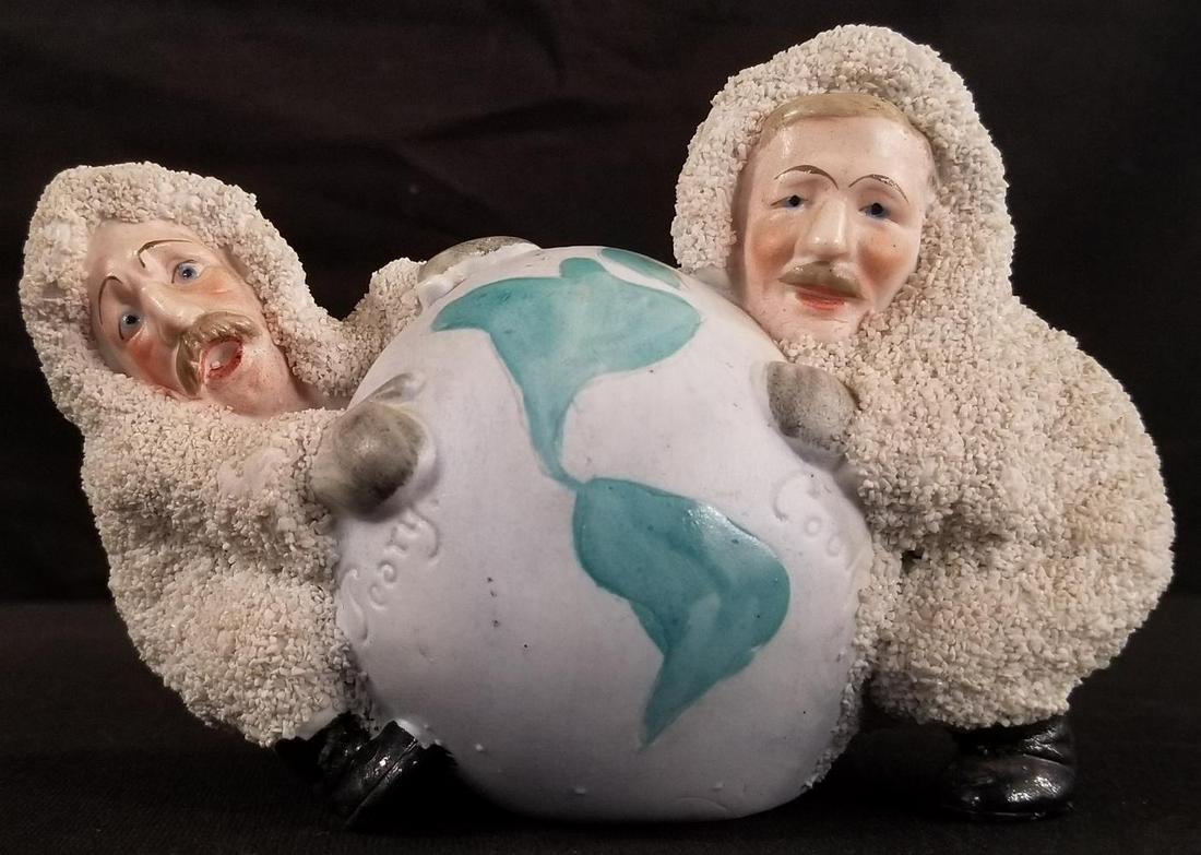 Scarce Heubach Admiral Peary & Cook Bisque: "Snow Baby Related" Peary and Cook Bisque Figures Hugging the Globe. Excellent piece 6 1/2" long.