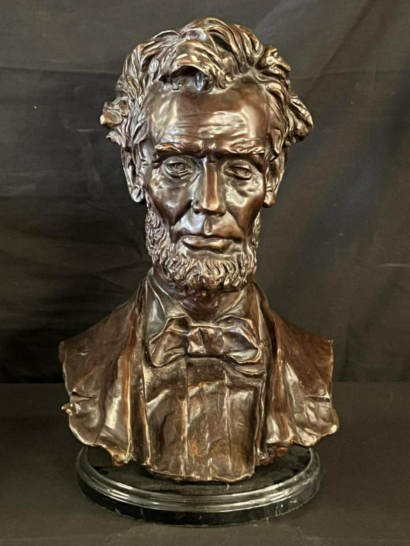 George E. Bissell, Abraham Lincoln Bust: Offered is a large bust of "Abraham Lincoln" by George Edwin Bissell (American, 1839). Appears to be hollow bronze mounted on round marble base. Overall approx. 18-1/2" tall x 12-1/2" wide. There are