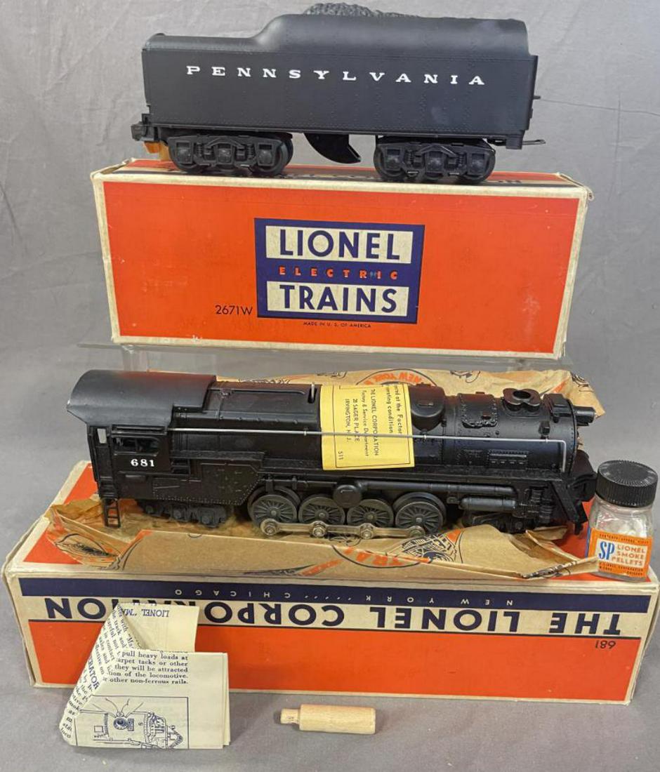 MINT Boxed 1950 Lionel 681 Steam Turbine: Stunning example with amazing unhandled patina. It includes the instructions, inspection label still on it, SP pellets and tamper, wrapping is unwrinkled; 2671W PRR Tender, matching appearance, both a