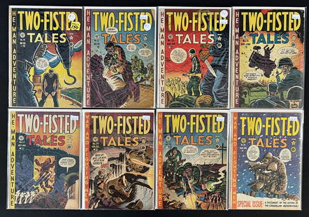 Two-Fisted Tales #18-41, Near Complete, EC 1950-55: Great lot, including a near complete run #18-41, and 1953 Annuals. Missing #'s23, 32, 33. Artists include Wood, Harvey Kurtzman, and Jack Davis. Mixed condition throughout.