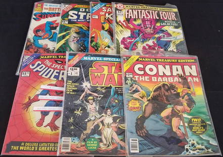 Oversized Marvel Treasury Lot: Includes Spider-Man, Fantastic Four, Conan, Kung Fu, Dr. Strange, Superman vs Spider-Man. Mixed condition.