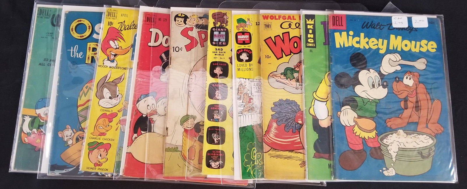 Mixed Comic Lot, Dell, Harvey, King, Etc: Includes Dell Mickey Mouse #49, King Comics Popeye #86, Al Capp's Wolf Gal #2, Harvey Sad Sack #207, Harvey Giant Sad Sad Sack #5, Sparkle Comics #6, Dell Donald Duck #379, Dell Walter Lantz New Funni