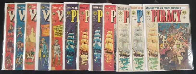 Piracy #1-7, Valor #1-5 Complete Runs EC, 1954-55: Mixed condition throughout, some poor. Includes complete run of Piracy #1-7, and complete run of Valor #1-5. Al Williamson, Reed Crandall, Jack Davis, George Evans, Graham Ingels, Bernie Krigstein, an