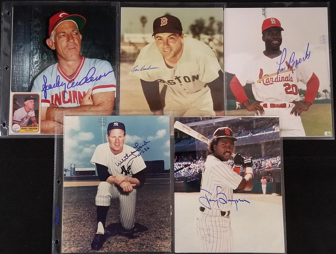 (10) Autographed Baseball Photos w/ HOFers: Includes Lou Brock, Jim Bunning, Lou Boudreau, George Brett, Sparky Anderson, Luis Aparicio, (2x) Tony Gwynn, Whitey Ford, and Bob Gibson. No COA's present. Sold as is, not subject to return.