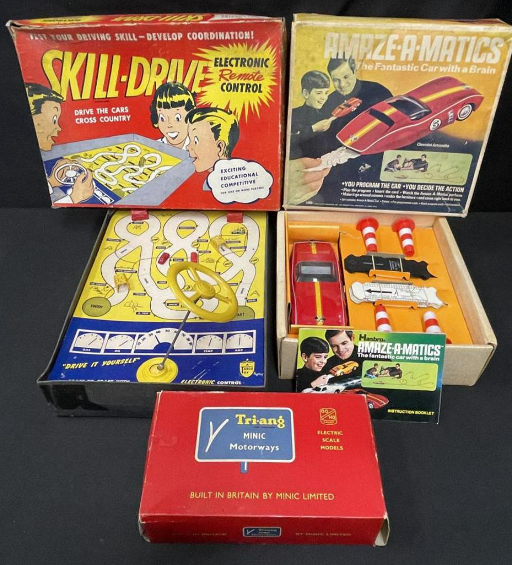 (3) Boxed Vintage Vehicular Toys: Includes a Hasbro Amazamatic Chevy Astrovette, complete, custom cards are used, display insert and stained box; Tarco Skill-Drive Cross Country, complete, untested; Tri-Ang 1807 Bungalow with Automati