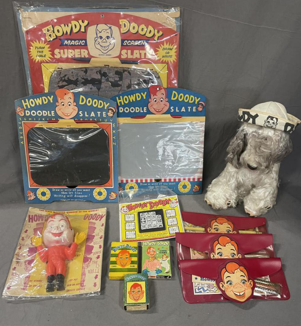 (11) Assorted Vintage Howdy Doody Toys: Includes 3 different card games in boxes; 3 variations HD Pencil Case with contents; 3 magic screen Boards, 2 on cards, STICKLESS Co large example with pen, missing cellophane sheet with box; 12” Ru