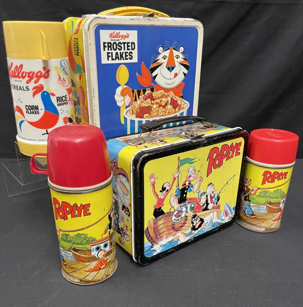 (2) Vintage Lunch Boxes, Plus: Includes a Kelloggs embossed box with thermos, showing light to moderate wear; King-Seeley 1964 Popeye with thermos, showing light wear, plus a Popeye dome thermos,