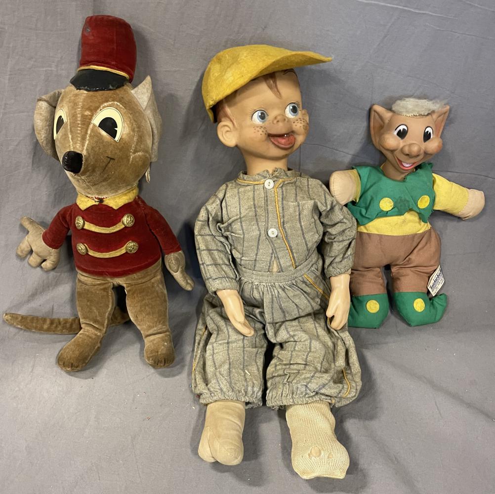 (3) Vintage Character Dolls: Includes a Character Novelty Timothy Mouse Band Leader Doll, missing 1 rear button; Effanbee 18” Rootie Kazootie with original hat; Knickerbocker Terry Troll, 1965, clean, rest would benefit from a