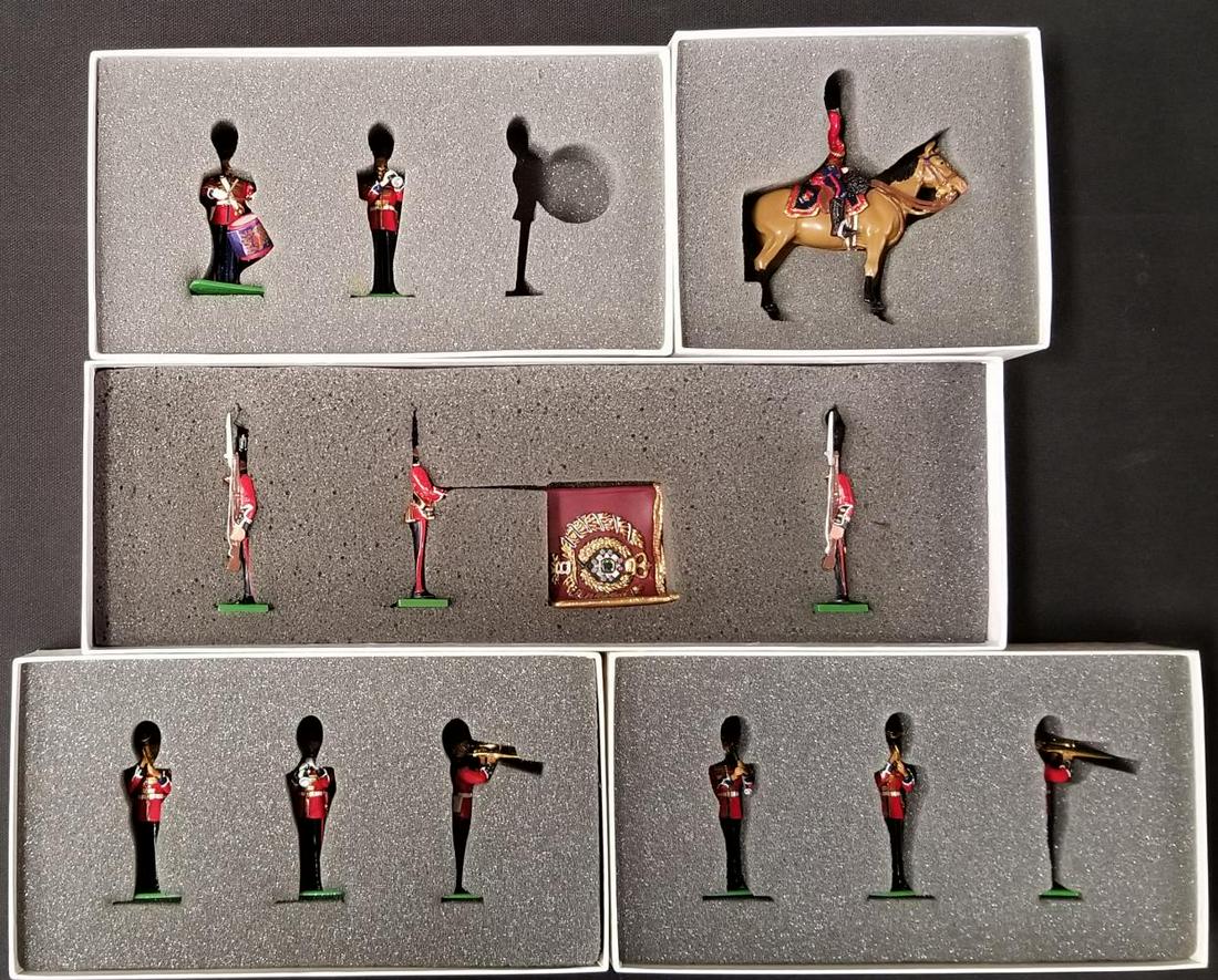 Britains Collector Club Centenary Series, 5 Sets: Scots Guards. Includes 5992 Band Set (missing side drum figure), 5993 Duke of Connaught, 5991 Colour Party with State Colour, and (2) 5994 Band Sets.