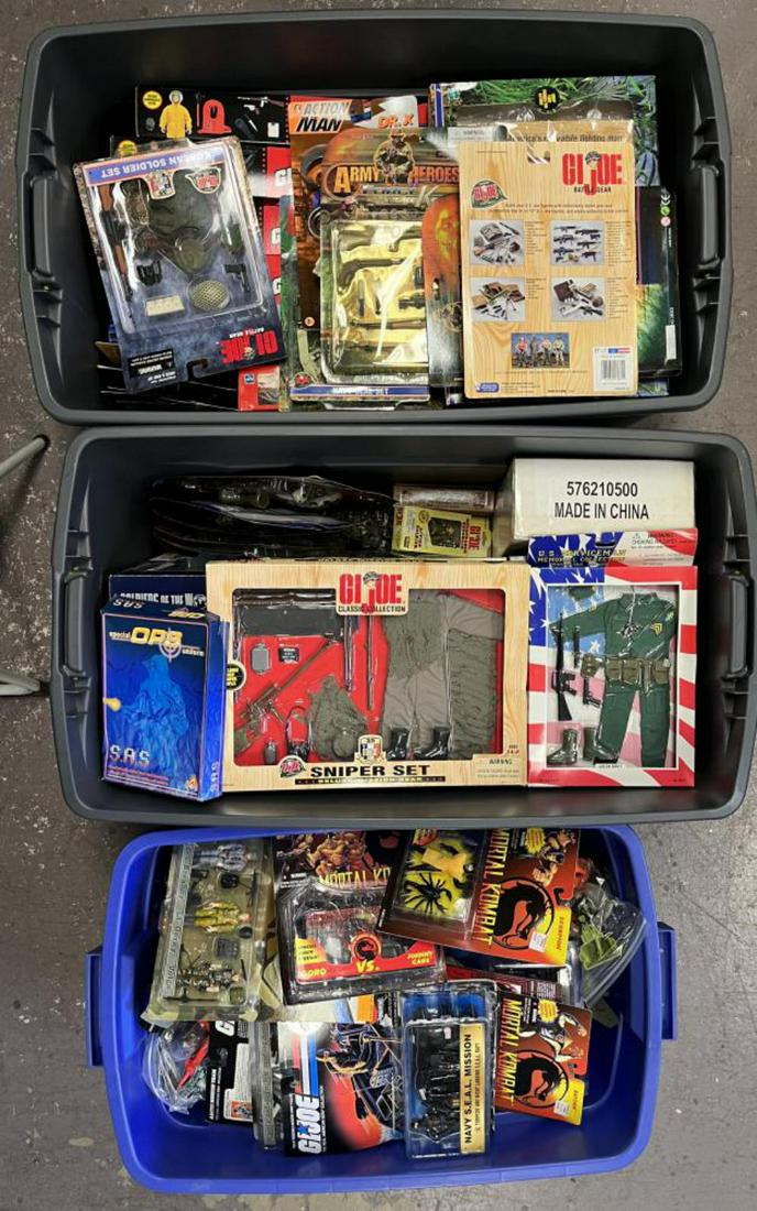 G.I. Joe and Action Figures: Three tubs includes modern large size G.I. Joe figures and other action figures. Some boxed and some loose. Most boxed pieces have been opened. See images for details. This lot is being sold on behalf