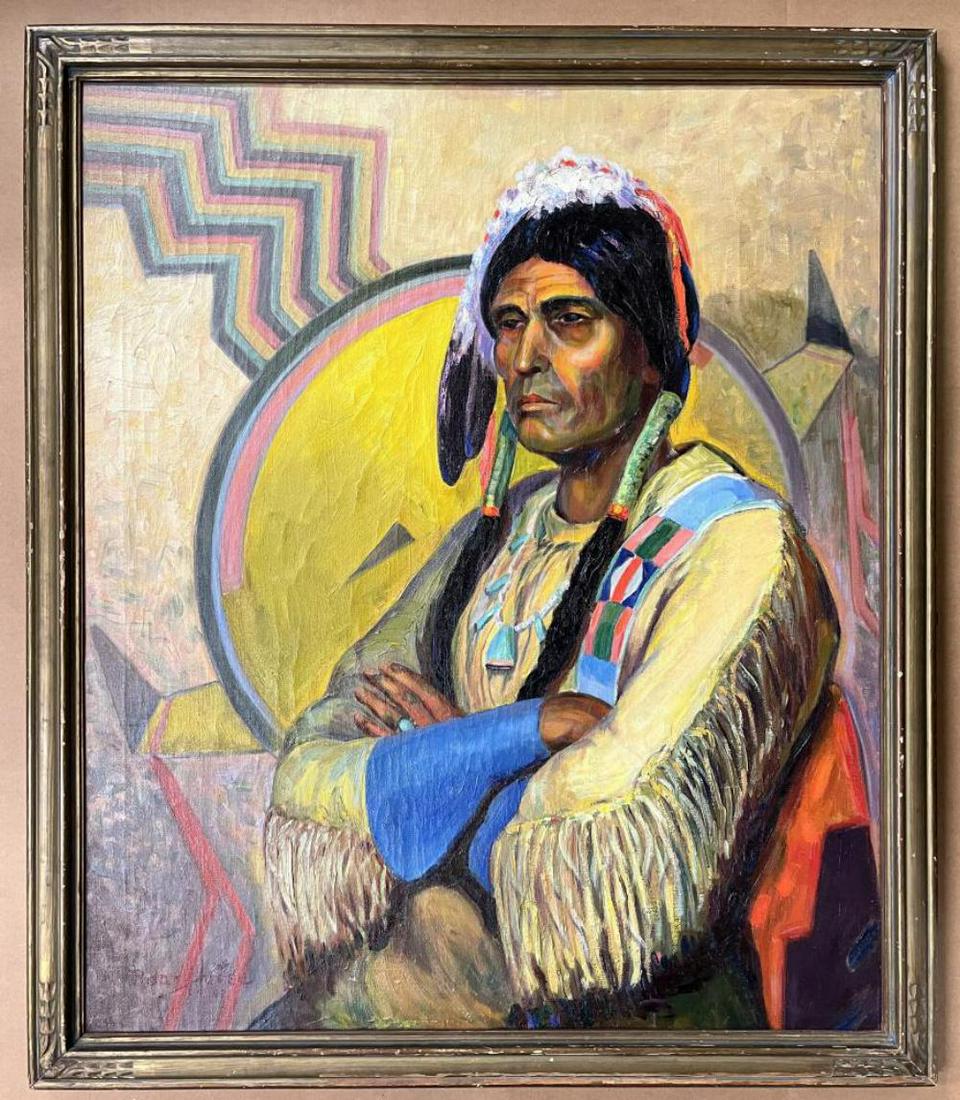 Native American Oil on Canvas. Signed Roan Horse (1 of 4)