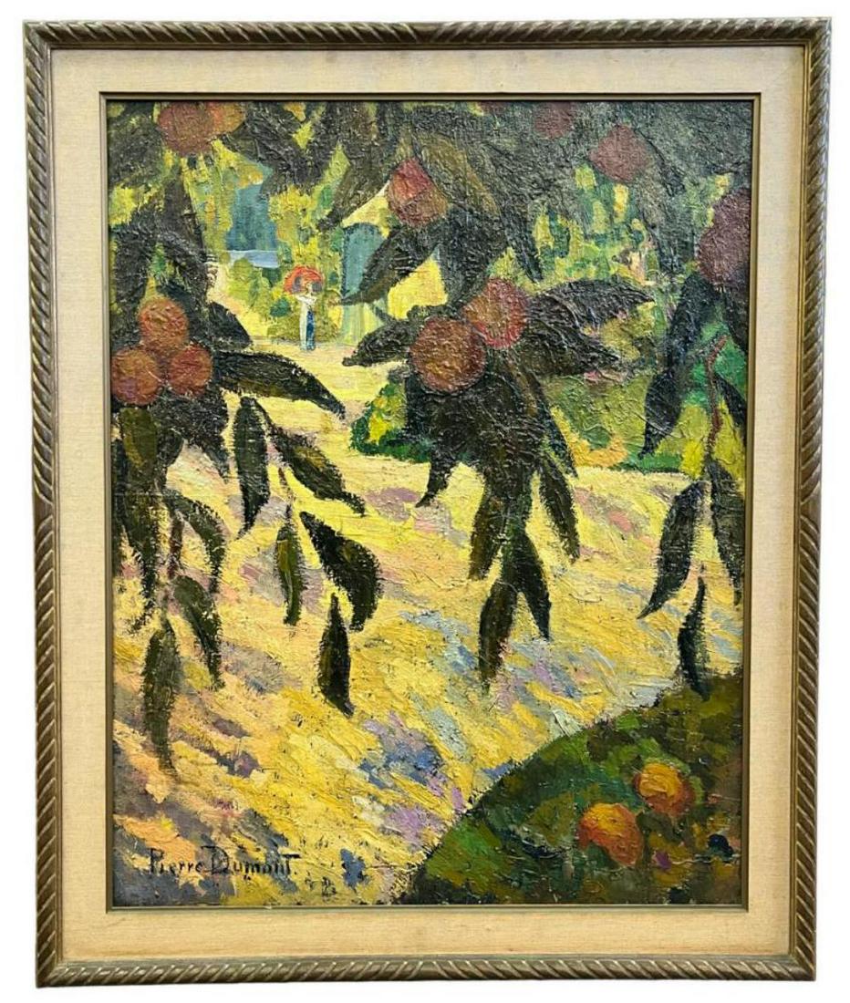 Pierre Dumont, Oil on Canvas, "Orange Trees": Offered is an oil on canvas painting by Pierre Jean Baptiste Louis Dumont (1884 - 1936). Great large painting depicting "Orange Trees". Signed lower left. Image size seen approx. 28" x 36", overall fr