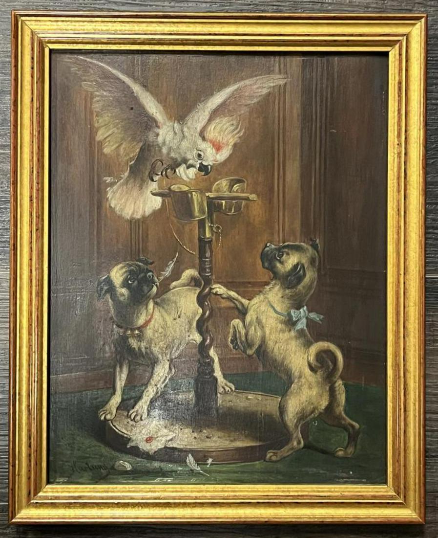 J. Hartung, Oil on Board, Pugs and Cockatoo (1 of 6)
