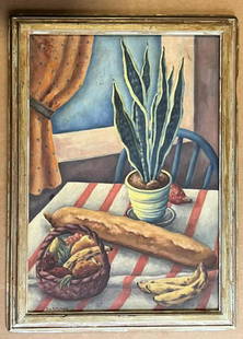 Paul Raphael Meltsner (1905 - 1966) Oil on Canvas: 24" x 35" Signed lower left. Still life table with food. Old repair in top left corner. Painting comes directly through a family member of the artist