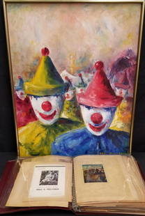 Paul Raphael Meltsner (1905 - 1966) Oil on Canvas: "Clowns" 22" x 27" Signed lower right. Comes directly through the family of the artist. This lot is accompanied by a family scrapbook of Meltsner's works, Exhibit books, clippings etc.