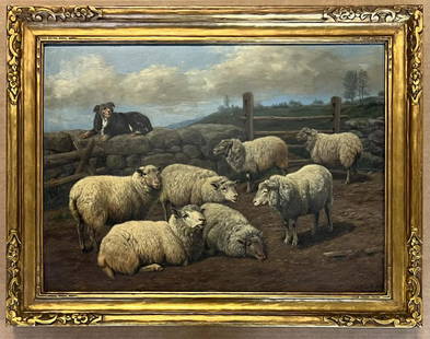 Arthur Fitzwilliam Tait (1819 - 1905) Oil on Panel: Offered is a wonderful oil on panel/wood painting by Arthur Fitzwilliam Tait (New York/England, 1819 - 1905). "Good Friends", featuring a flock of sheep and a dog in the background. Signed lower right