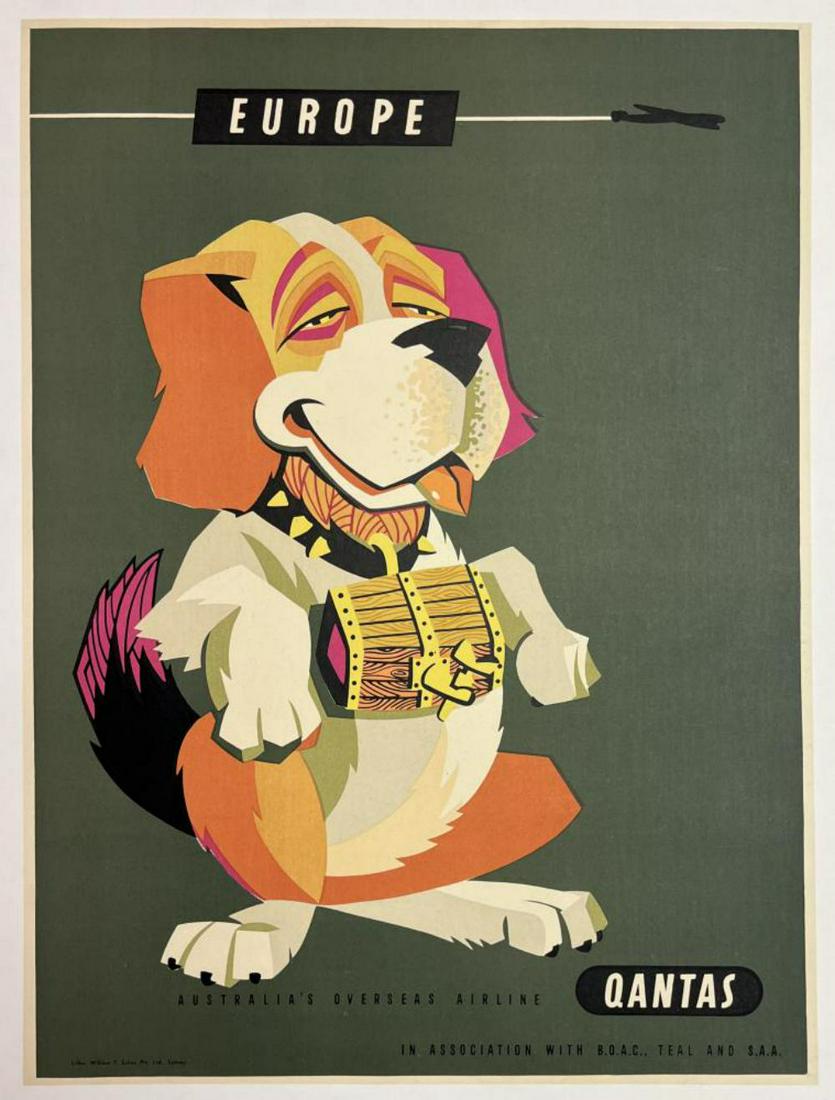 Qantas Air to Europe Travel Poster c. 1960's: Qantas Air travel poster promoting tourism in Europe featuring a St. Bernard. Measures approximately 20" by 14 1/2". Poster is in excellent condition. Poster is linen backed