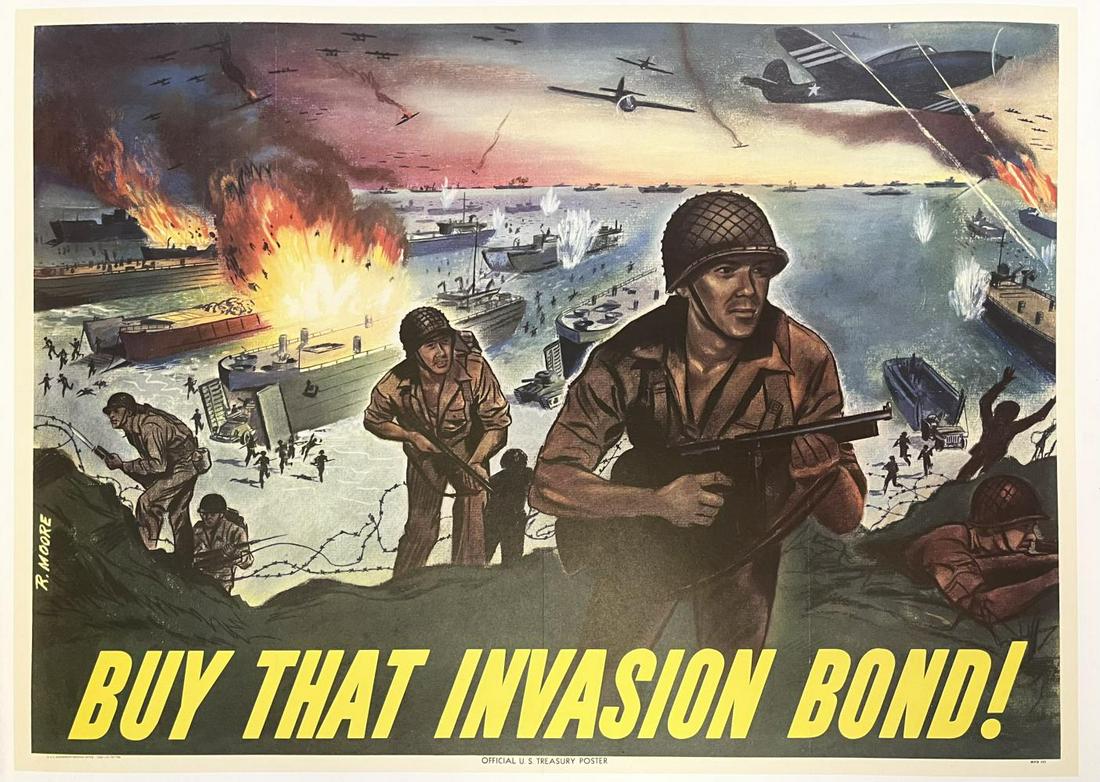 WWII 'Buy That Invasion Bond' Poster: World War II US Government Printing Office Poster 'Buy That Invasion Bond' Poster. Measures approximately 20" by 28". Poster is in excellent condition. Poster is linen backed