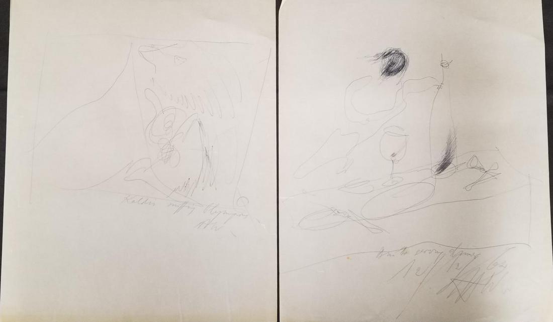 Hugo Weber (1918 - 1971) (2) Pen and Ink Drawings: Lot consists of (2) Large Pen and ink on Vellum Paper, each 14" x 17". Both are inscribed with description and signed "HW". One piece refers to artist Aristodimos Kaldis and seems to say "Kaldis sniff