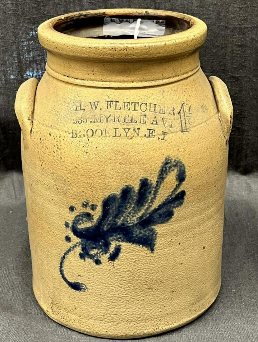 H.W. Fletcher, Brooklyn NY 1-1/2 Gal Stoneware Jar: Offered is a 1-1/2 gallon stoneware jar marked "H.W. Fletcher / Myrtle Ave / Brooklyn, NY". Features applied lug handles and cobalt blue floral design. Height approx. 11". There are a small inner rim 