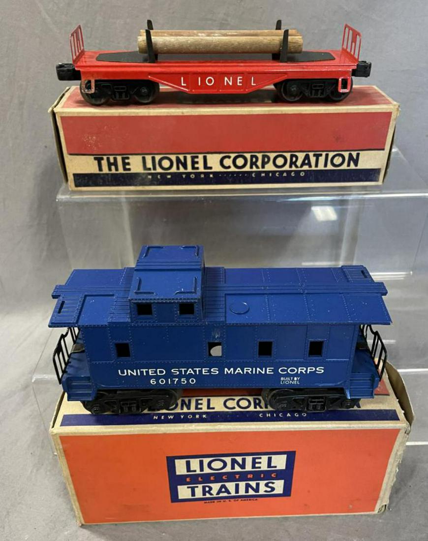 UNRUN Boxed Lionel 6017-60 & 6111-75 Freight Cars: Includes a 6017-60 USMC Caboose- 6111-75 Log car in scarce separate sale box. Both are clean and UNRUN with boxes showing light soiling.