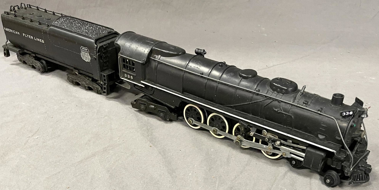 Nice American Flyer 336 UP Northern: S Gauge. Nice 4-8-4 steam loco and tender, all intact with better than average lettering and stripe. It shows light play wear.