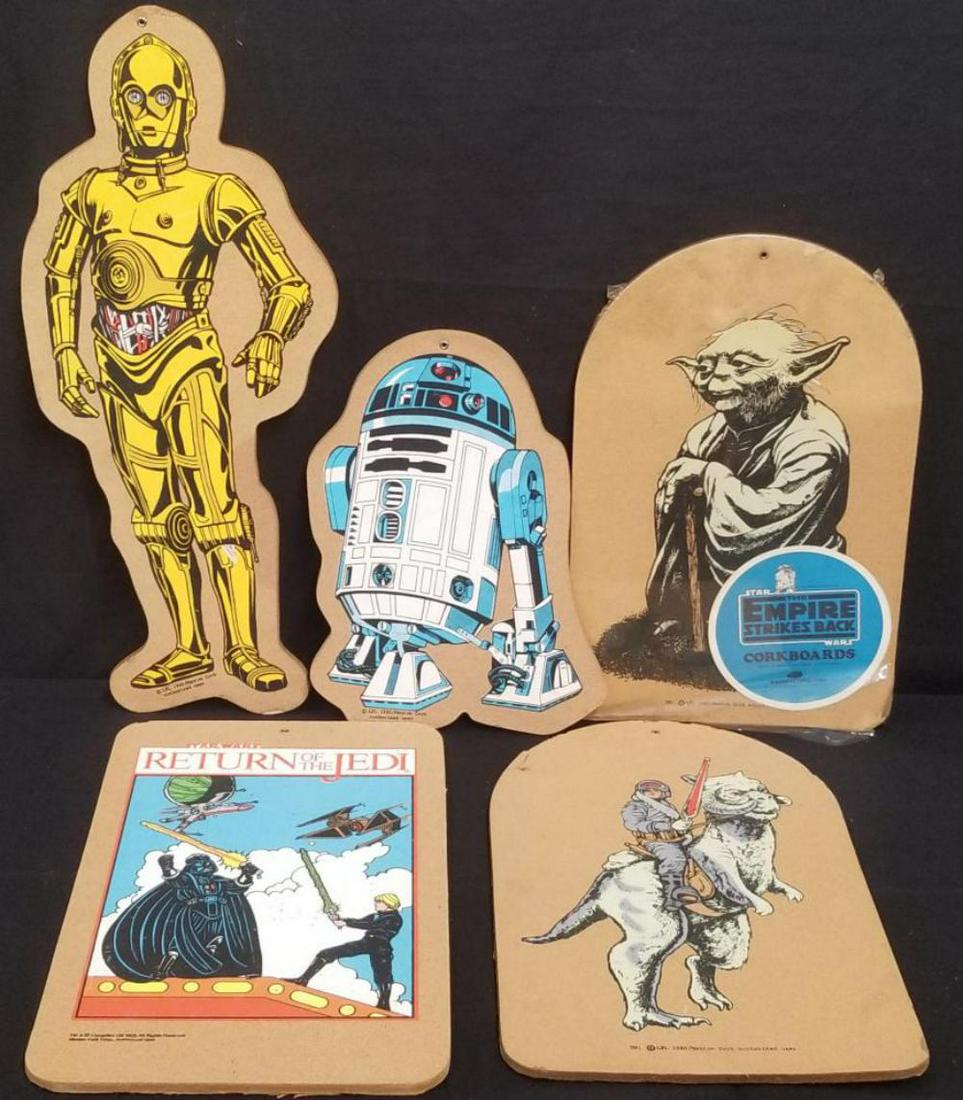 (5) Vintage Star Wars Cork Bulletin Boards: Includes C-3PO, Luke on Tuan Tuan, Yoda, R2-D2, and Darth Vader & Luke Skywalker. Copyright 1980 Manton Cork. Largest approx. 24" tall. Each shows some edge wear, a few small edge chips/bumps, etc. Se