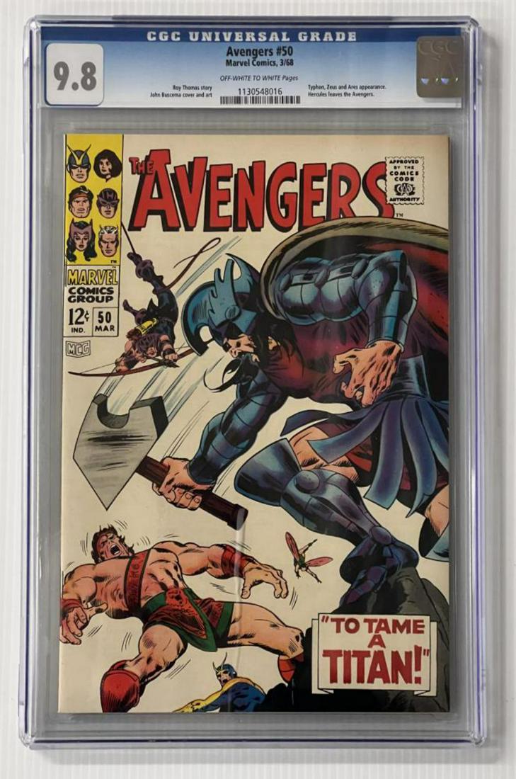 Marvel Avengers #50 CGC 9.8 (March 1968): Marvel Comics Avengers #50 CGC 9.8 Off-White to White Pages Typhon, Zeus, and Ares appearance. Hercules leaves the Avengers Roy Thomas story. John Buscema cover and art.