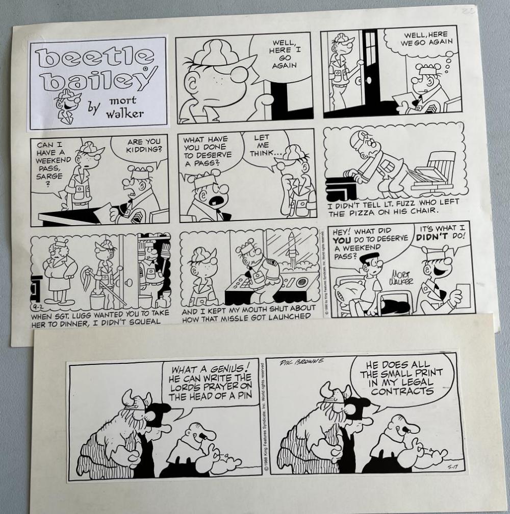 Lot of Two Original Comic Strips: Lot includes Dik Browne Hagar Daily 5/17/1988. 4" x 13" & Mort Walker Beatle Bailey 9/2/1990 Sunday Page. 11 1/2" x 15 1/2".