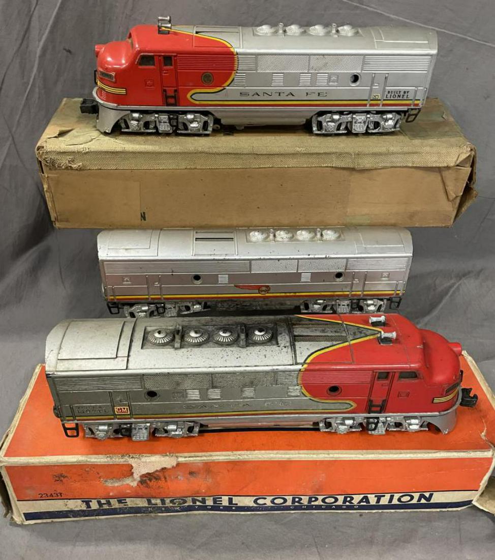Lionel 2343 SF F3 ABA Diesel: Stored in a trunk in a basement so boxes has an odor to them. A power Unit isn’t bad with clean battery box, ob; 2434C & T shows paint damage from mildew eating the paint and will need restorative w