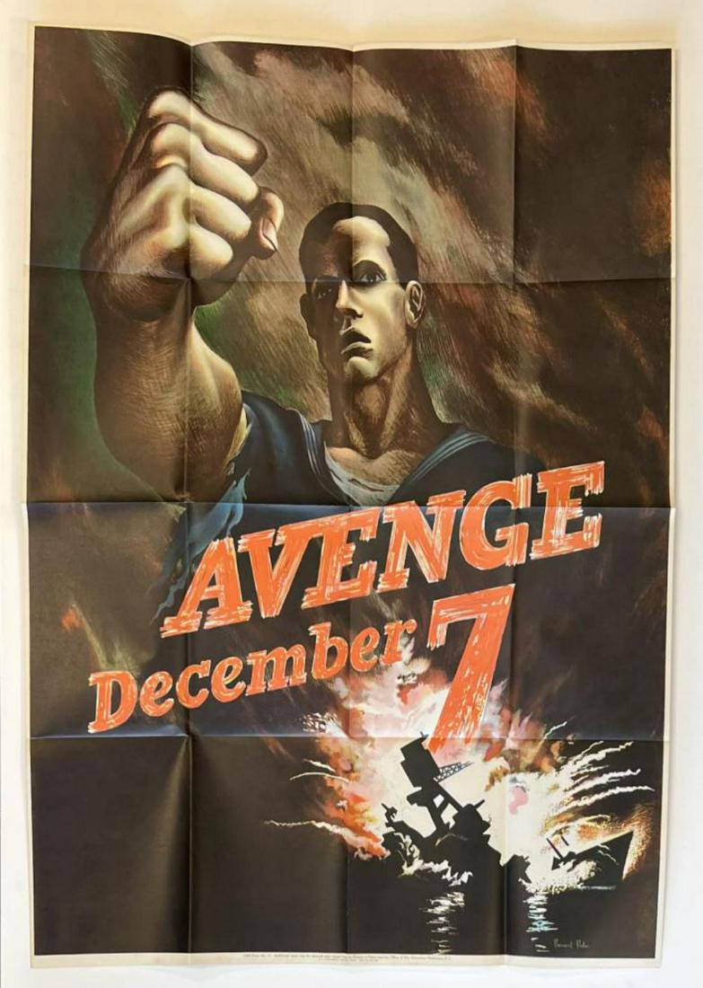 Avenge December 7 World War II Poster, Perlin: Original World War II, "Avenge December 7" Poster by Bernard Perlin, 1942. OWI Poster No.15, U.S. Government Printing Office 1942-O-491978. Approx. 28" x 40". Image depicts a man raising his fist abov