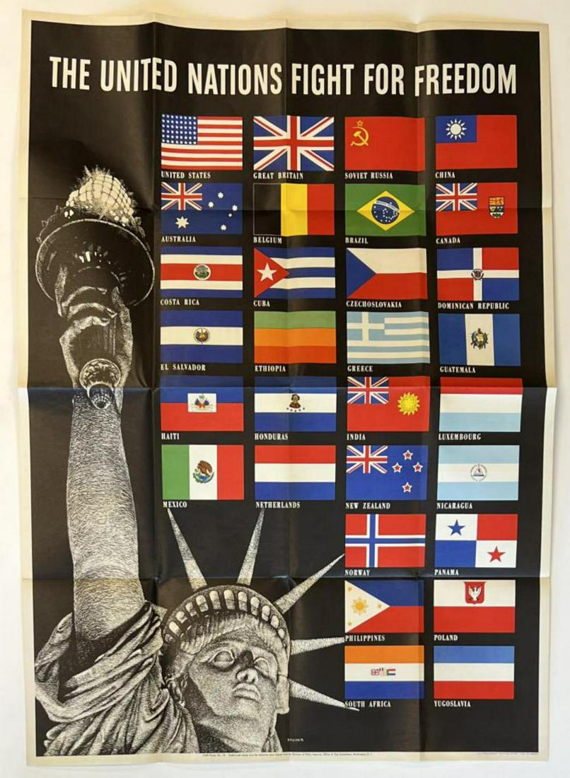 United Nations Fight for Freedom WW II Poster: Original World War II, "The United Nations Fight for Freedom" Poster by S. Broder, 1942. OWI Poster No.19, U.S. Government Printing Office 1942-O-498304. Approx. 28" x 40". Image depicts the head and