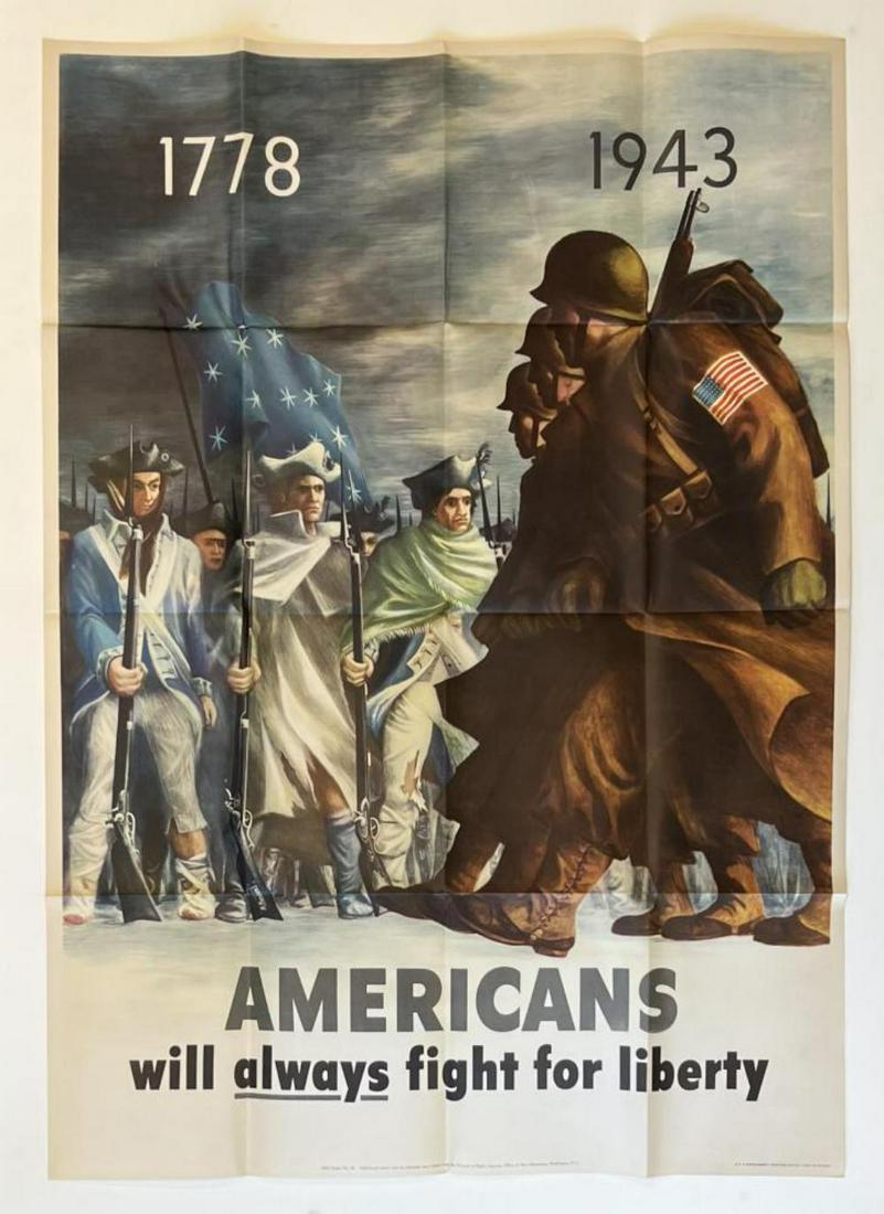 Americans Fight for Liberty World War II Poster: Original World War II, "Americans Will Always Fight for Liberty" Poster by Bernard Perlin, 1943. OWI Poster No.26, U.S. Government Printing Office 1943-O-502684. Approx. 28" x 40". Image depicts a gro