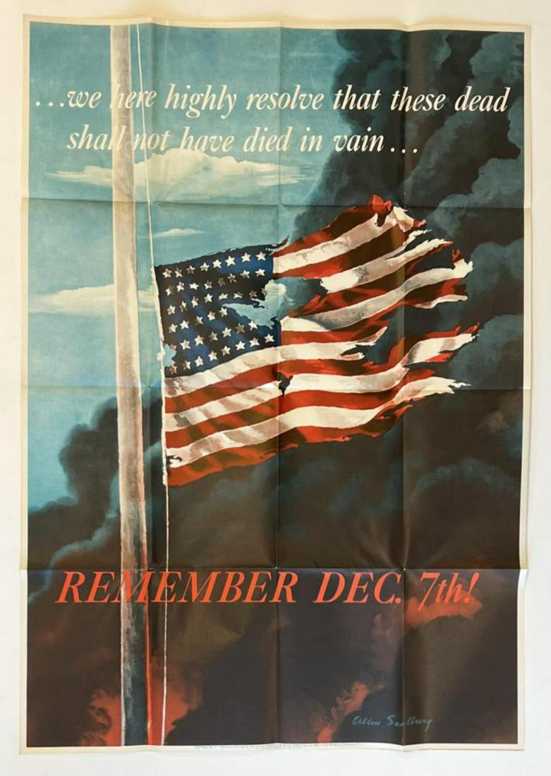 Remember Dec 7th Pearl Harbor World War II Poster: Original World War II, Pearl Harbor "Remember Dec. 7th!" Poster by Allen R. Saalburg, 1942. OWI Poster No.14, U.S. Government Printing Office 1942-O-491977. Approx. 28" x 40". Poster has original mail
