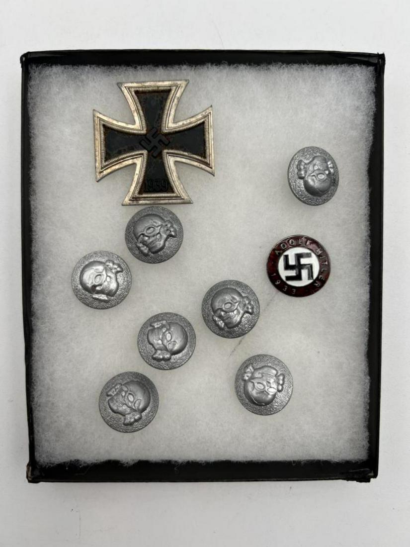 WWII Nazi Pin, Iron Cross and Buttons: WWII Nazi Adolf Hitler 1933 stick pin, 1939 Nazi iron cross, and 7 SS Totenkopf buttons.
