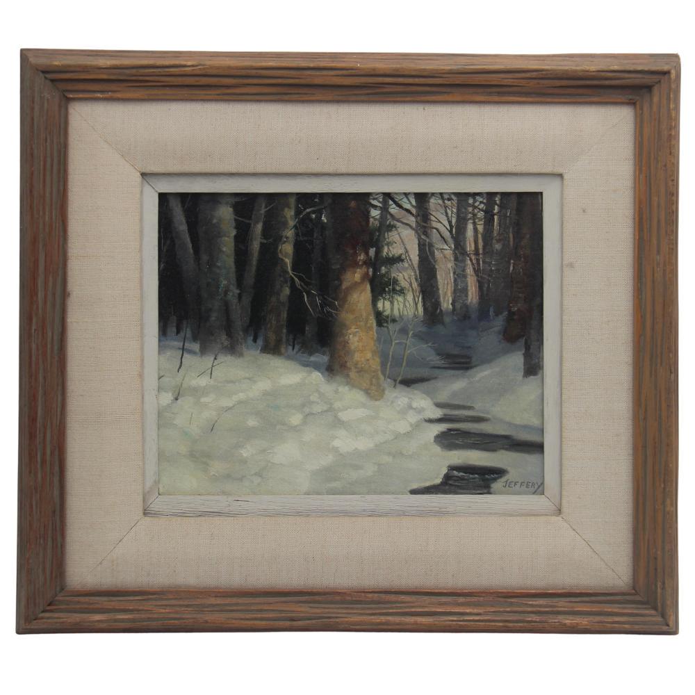 Richard Jeffrey, Oil on Masonite, "January Sun": Signed lower right. Label on verso with artist name and title. Sight seen approx. 9-1/2" x 7-1/2", overall frame size approx. 16" x 14".
