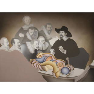 Arnold Belkin, Acrylic on Canvas, "Anatomy Lesson": Offered is a very large, acrylic on canvas painting by Arnold Belkin (1930 - 1992). Titled, signed, and dated on the verso. "The Annual Anatomy Lesson, Dr. Tulp". Signed by Belkin, along with 2 dates,