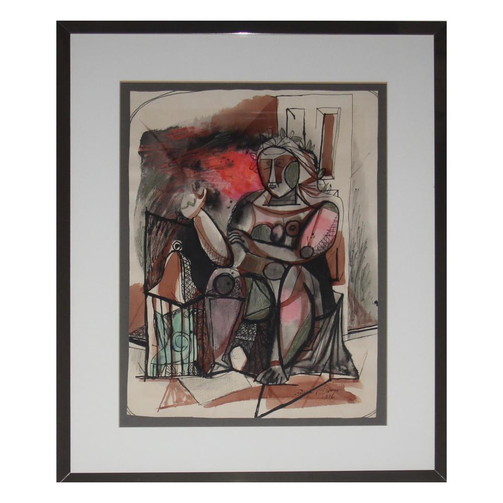 Byron Browne, Signed Watercolor on Paper: Byron (George Byron) Browne, wonderful watercolor on paper, depicting a "Seated Figure with Bird Cage". Signed lower right "Bryron Brown", and dated 1946. Image size seen approx. 14-1/2" x 19-3/4", ov