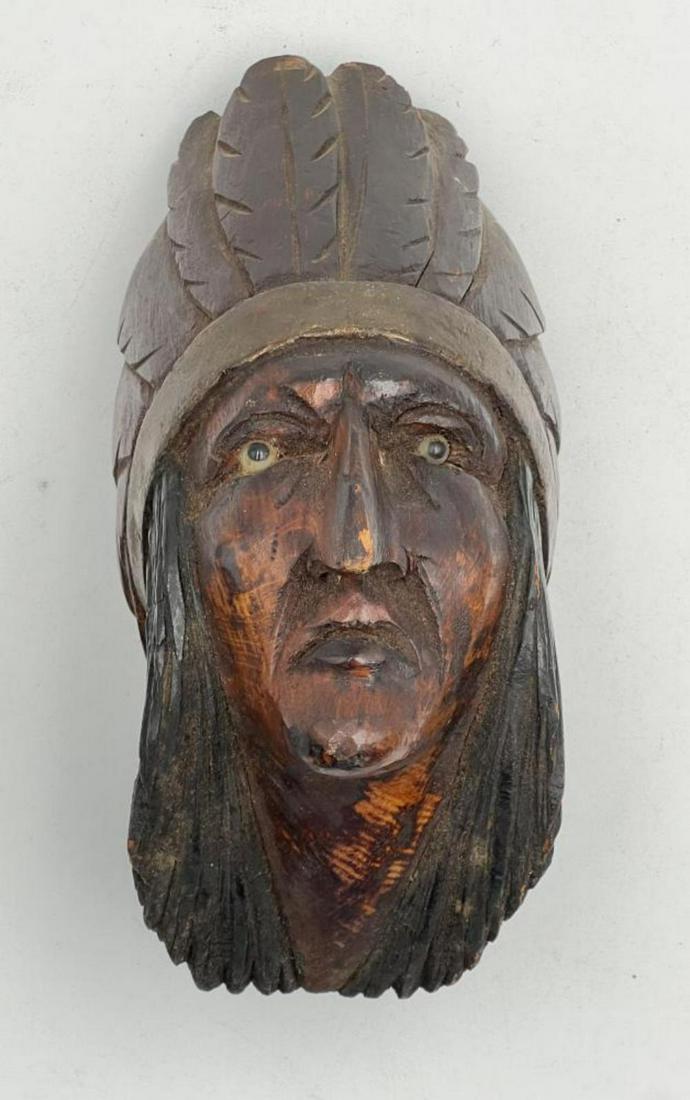 Huge Wood Carved Indian Chief Pipe Bowl: Glass Eyed Indian Chief with a small chip to nose. 9" Tall and 5 1/2" deep with some weight to it.