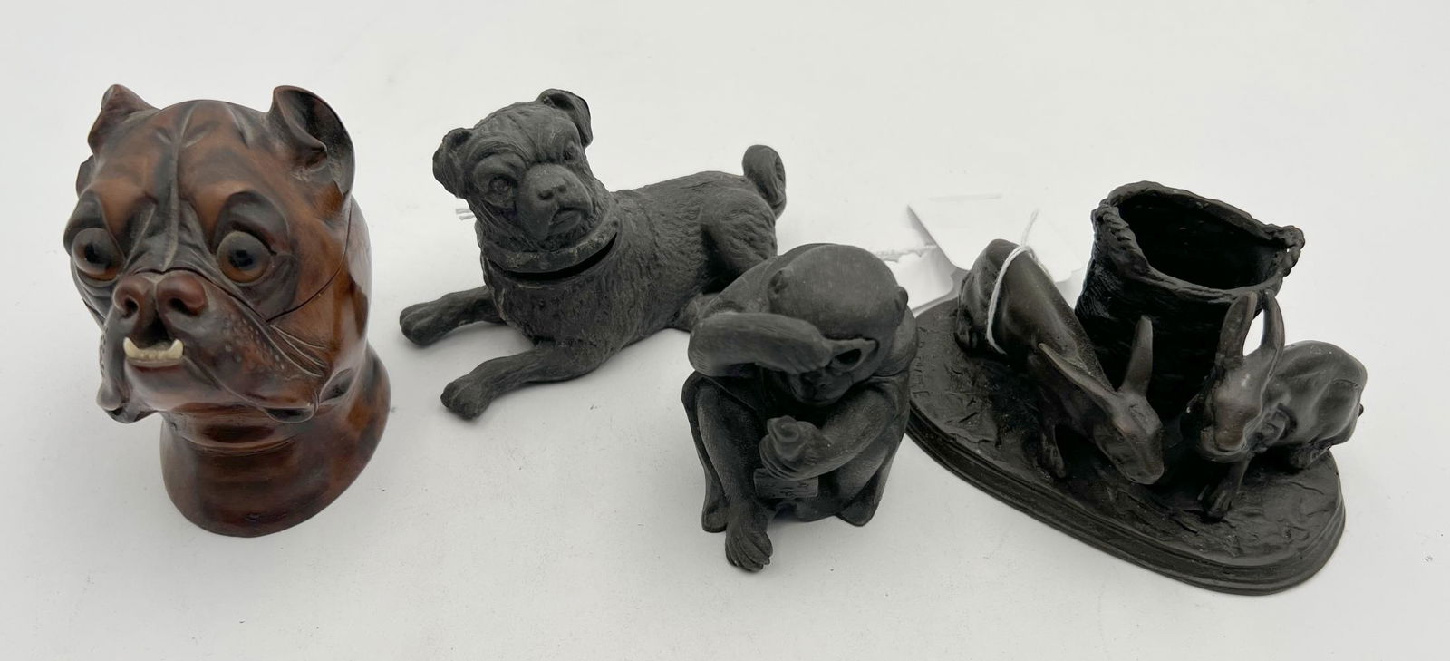 Four Animal Figural Inkwells - Dogs, Monkey, Hares (1 of 4)