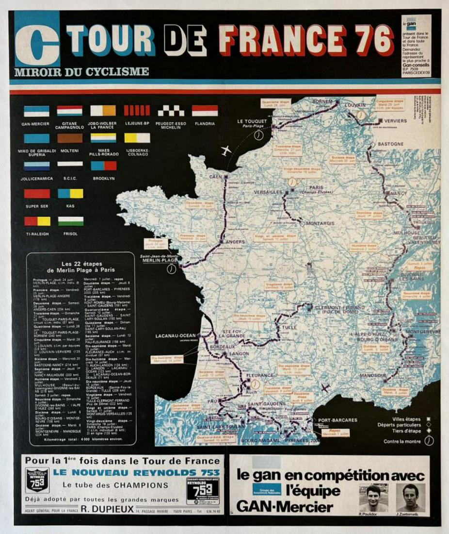 1976 Tour De France Route Poster: 1976 Tour De France Miroir Du Cyclisme Route Poster. Linen backed. 24 inches by 20 inches.