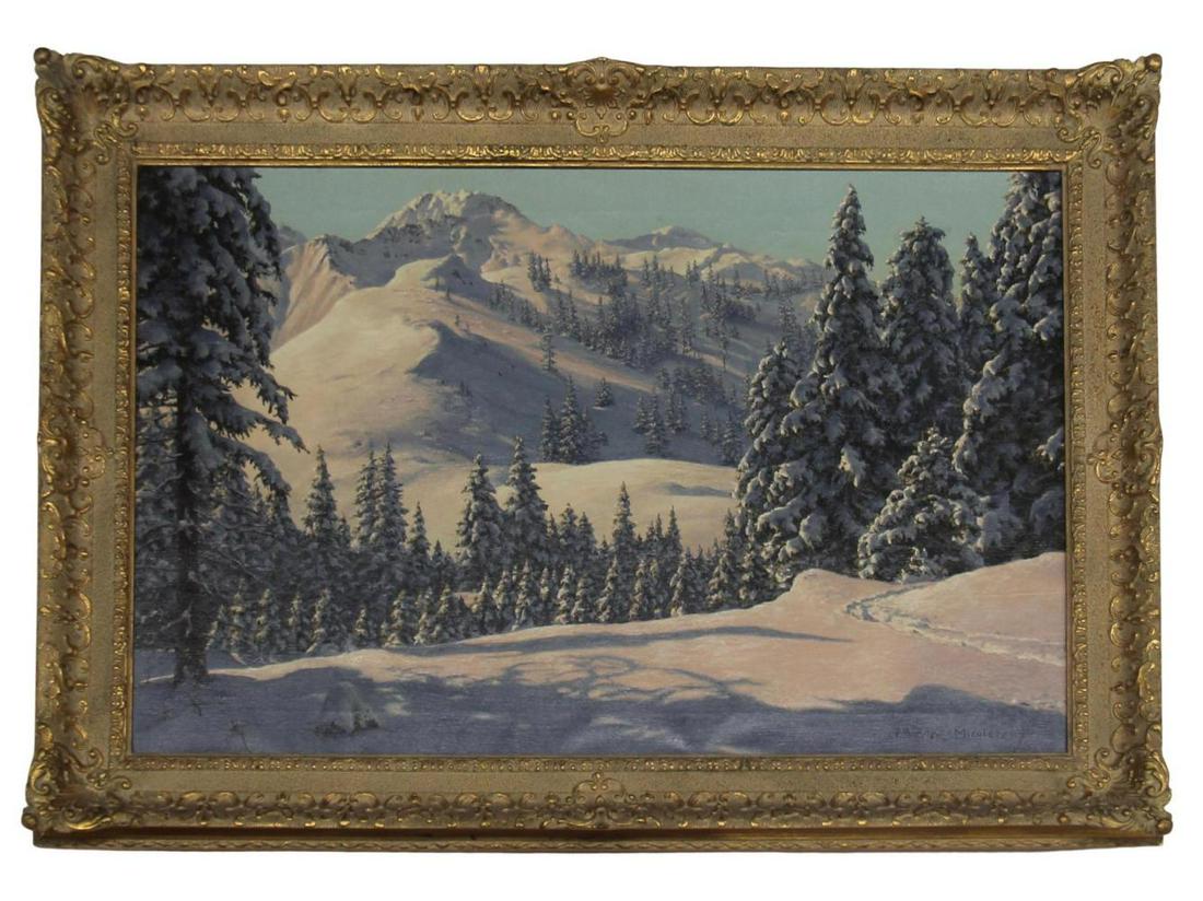 Friedrich Albin Koko-Micoletzky, Oil on Canvas: Offered is an oil on canvas painting by Friedrich Albin Koko-Micoletzky (Austrian, 1887-1981). Signed lower right. Wonderful landscape depicting Snow Covered Bernese Alps Mountains. Sight seen approx.