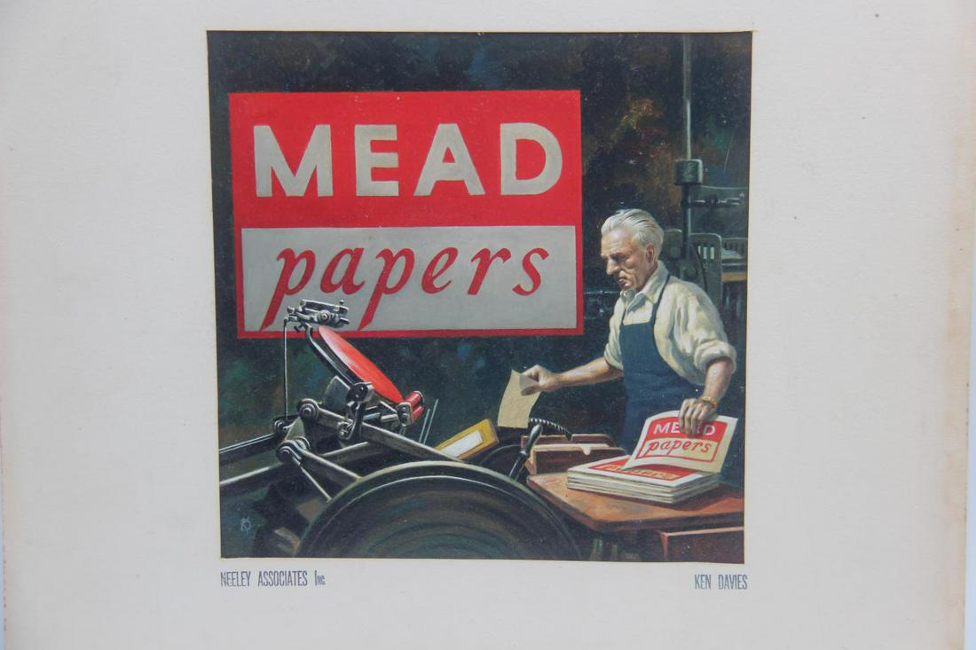 Ken Davies, "Mead Papers" Painting & Sketches: Offered is an original mixed media on board painting by Kenneth Southworth Davies (American, 1925-2017), titled "Mead Papers". Lower left corner of art is signed with initials "KD". Matte around art i