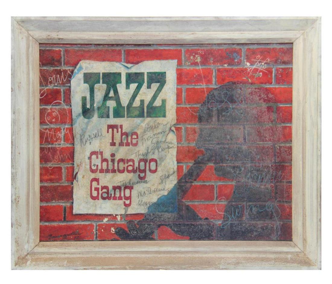 Jazz Painting, Oil on Masonite, Signed Baumgartner: Offered is an oil on masonite painting, signed by artist lower left "Baumgartner" and dated 1962. Titled "Jazz - The Chicago Gang". Image size seen approx. 19" x 15", overall frame size approx. 23" x